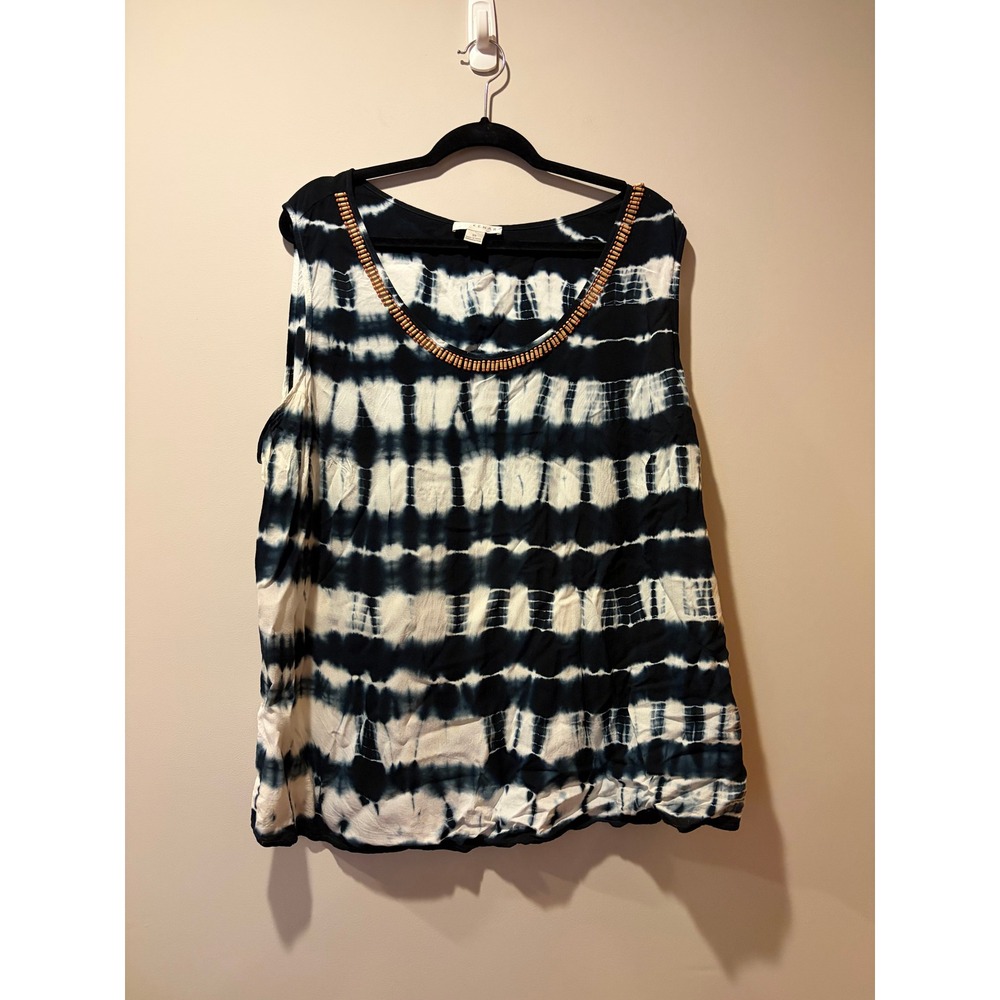 Blue White Tie Dye Beaded Neck Plus Size 3x Tank Top Boho Hippie Festival Flowy